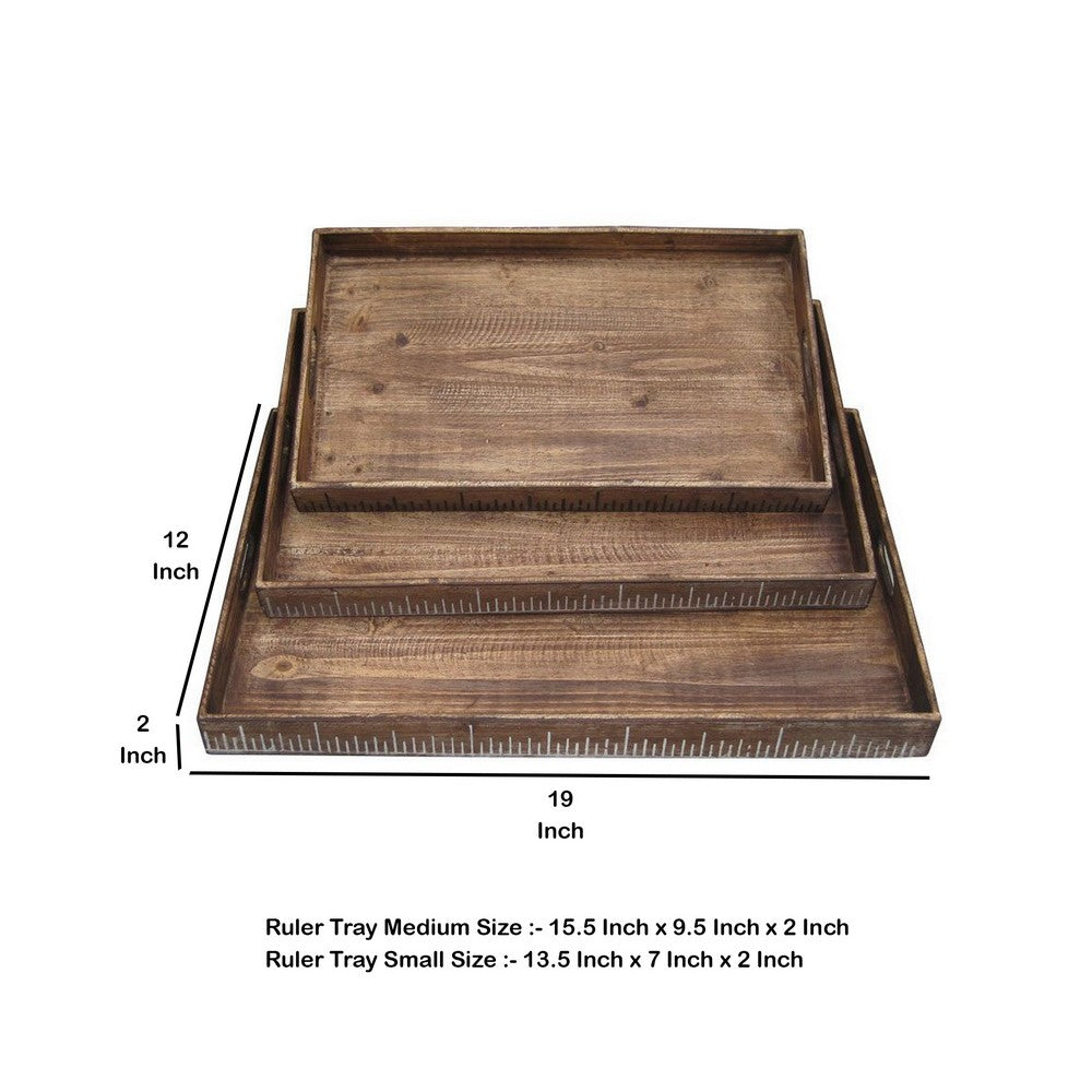 Benjara Rough Sawn Textured Rectangular Wooden Ruler Tray, Set Of 3, Brown