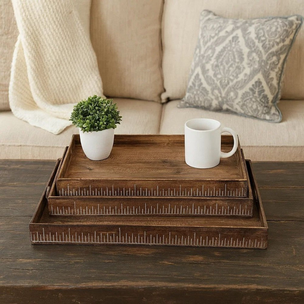 Benjara Rough Sawn Textured Rectangular Wooden Ruler Tray, Set Of 3, Brown