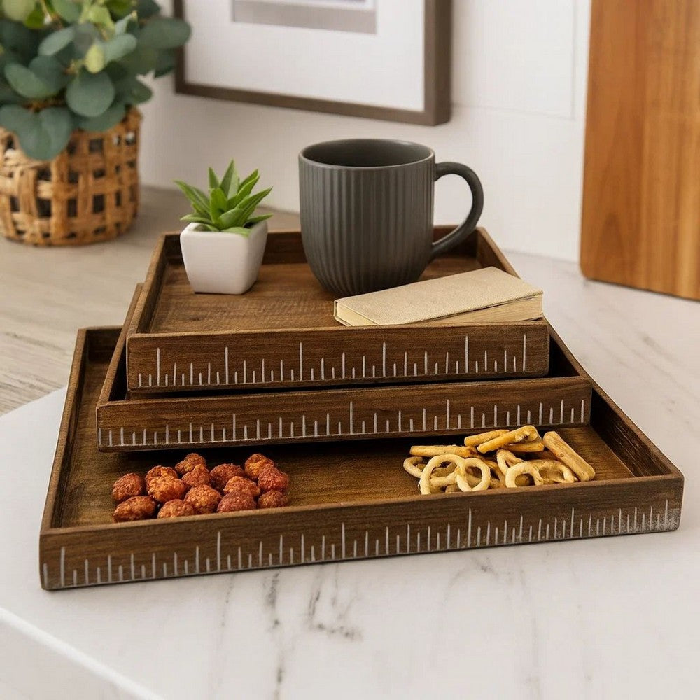Benjara Rough Sawn Textured Rectangular Wooden Ruler Tray, Set Of 3, Brown