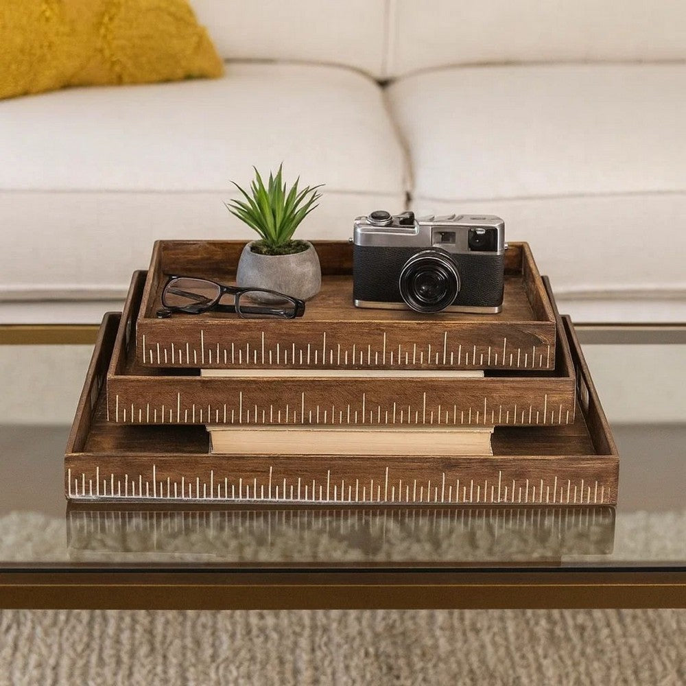 Benjara Rough Sawn Textured Rectangular Wooden Ruler Tray, Set Of 3, Brown