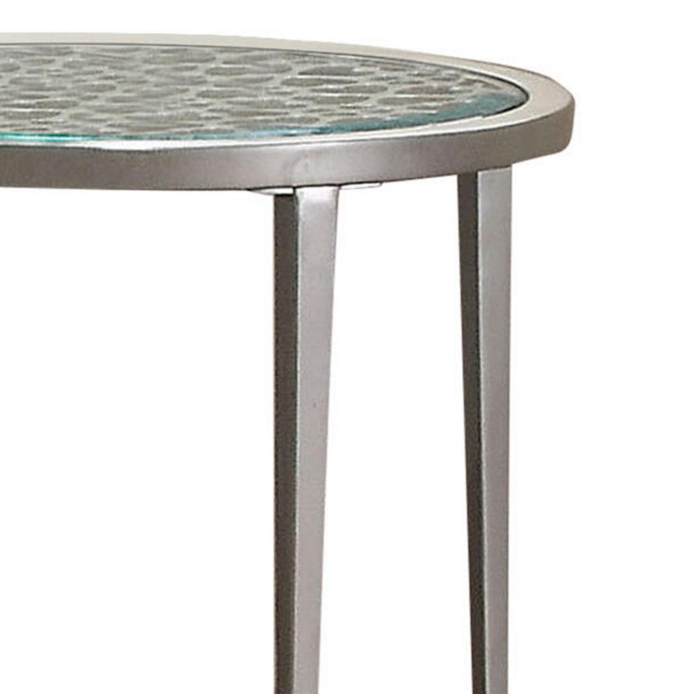 Benjara Round Glass Top Metal End Table With Sleek Tapered Legs, Silver