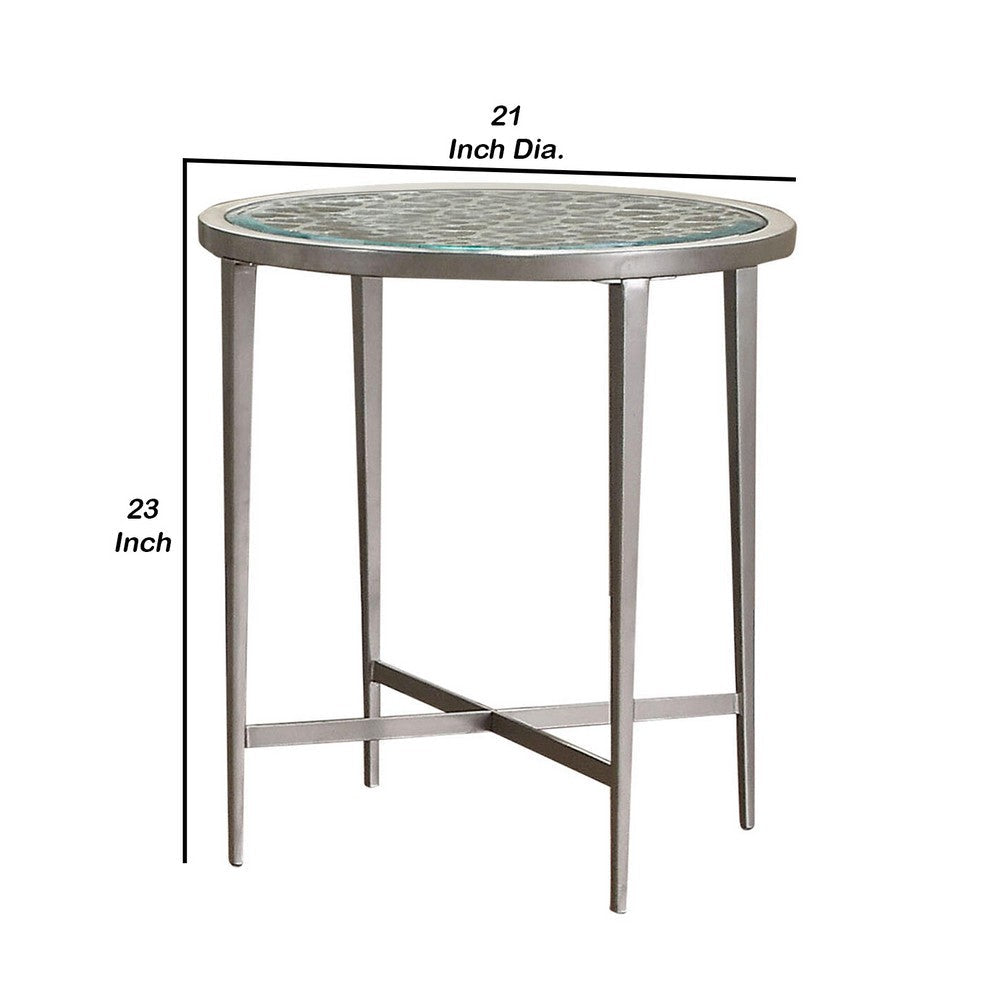 Benjara Round Glass Top Metal End Table With Sleek Tapered Legs, Silver