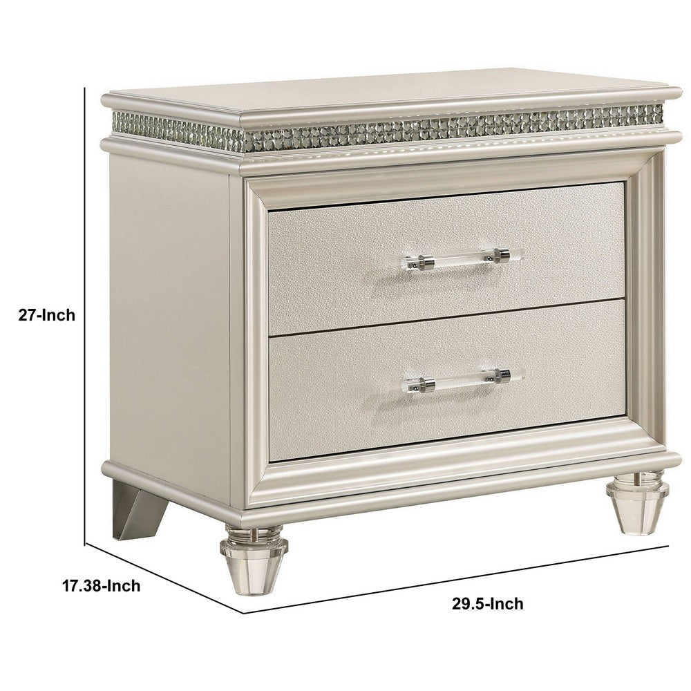 Benjara 2 Drawer Nightstand With Acrylic Feet And Crystal Accents, Silver
