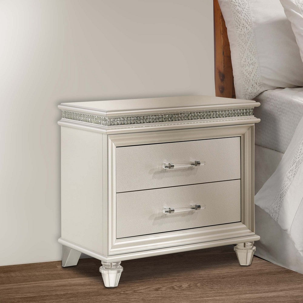 Benjara 2 Drawer Nightstand With Acrylic Feet And Crystal Accents, Silver