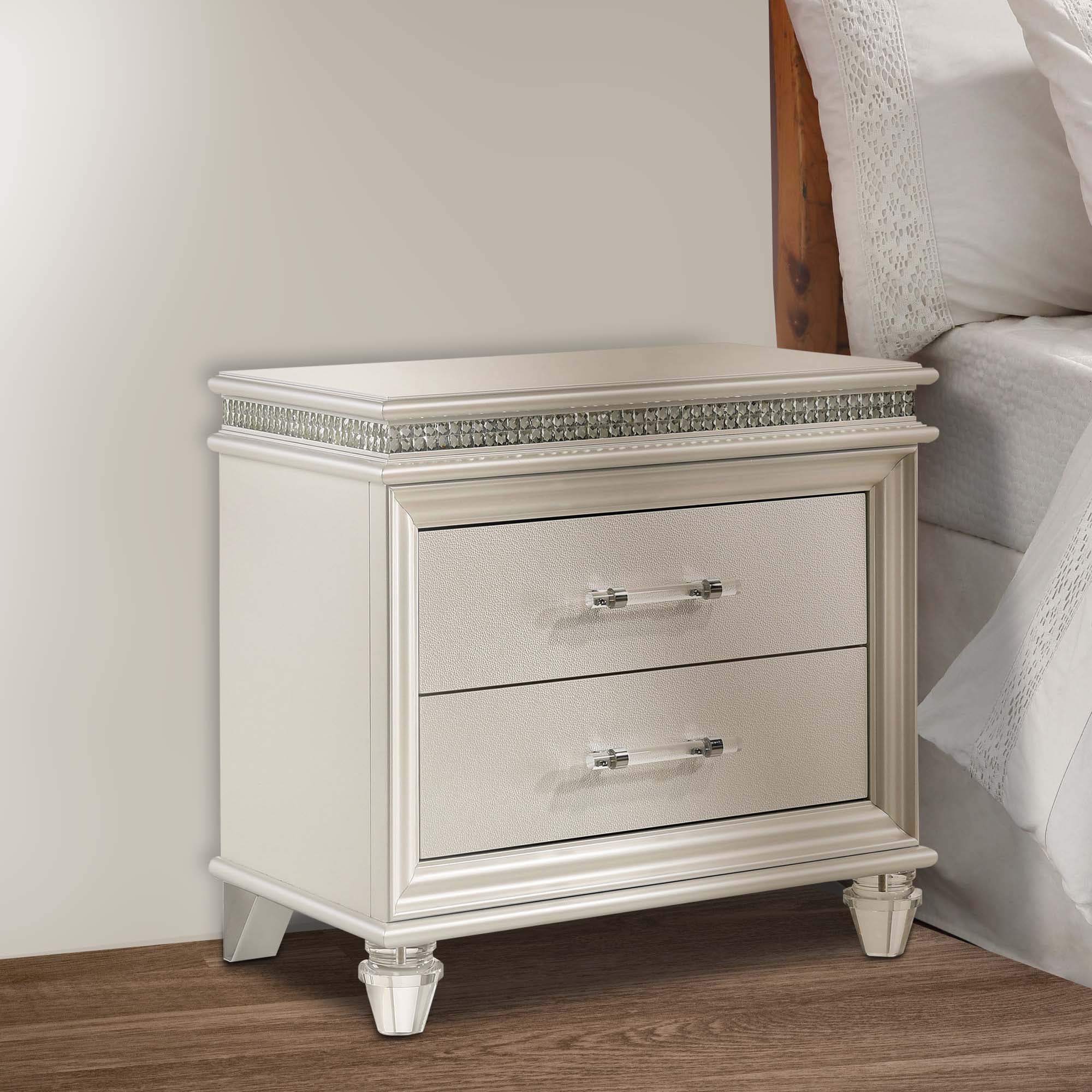 Benjara 2 Drawer Nightstand With Acrylic Feet And Crystal Accents, Silver
