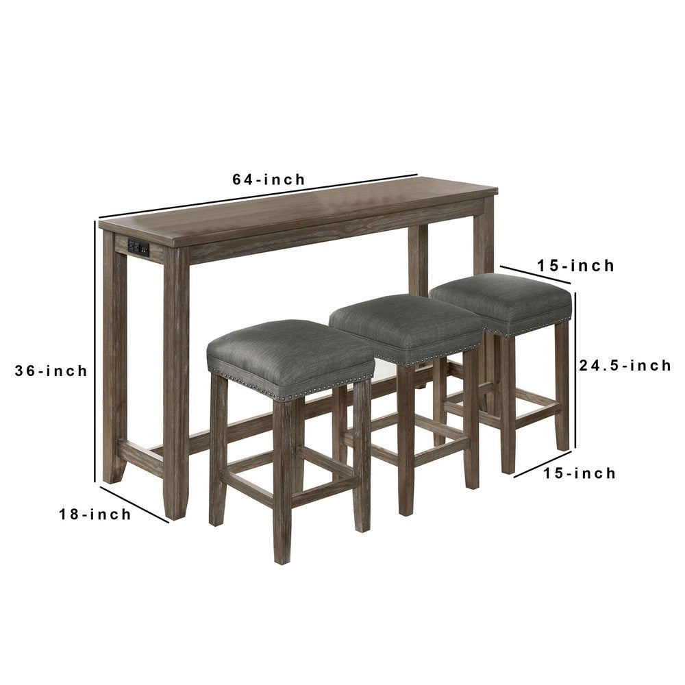Benjara 4 Piece Wooden Counter Height Table With Fabric Padded Stool, Brown