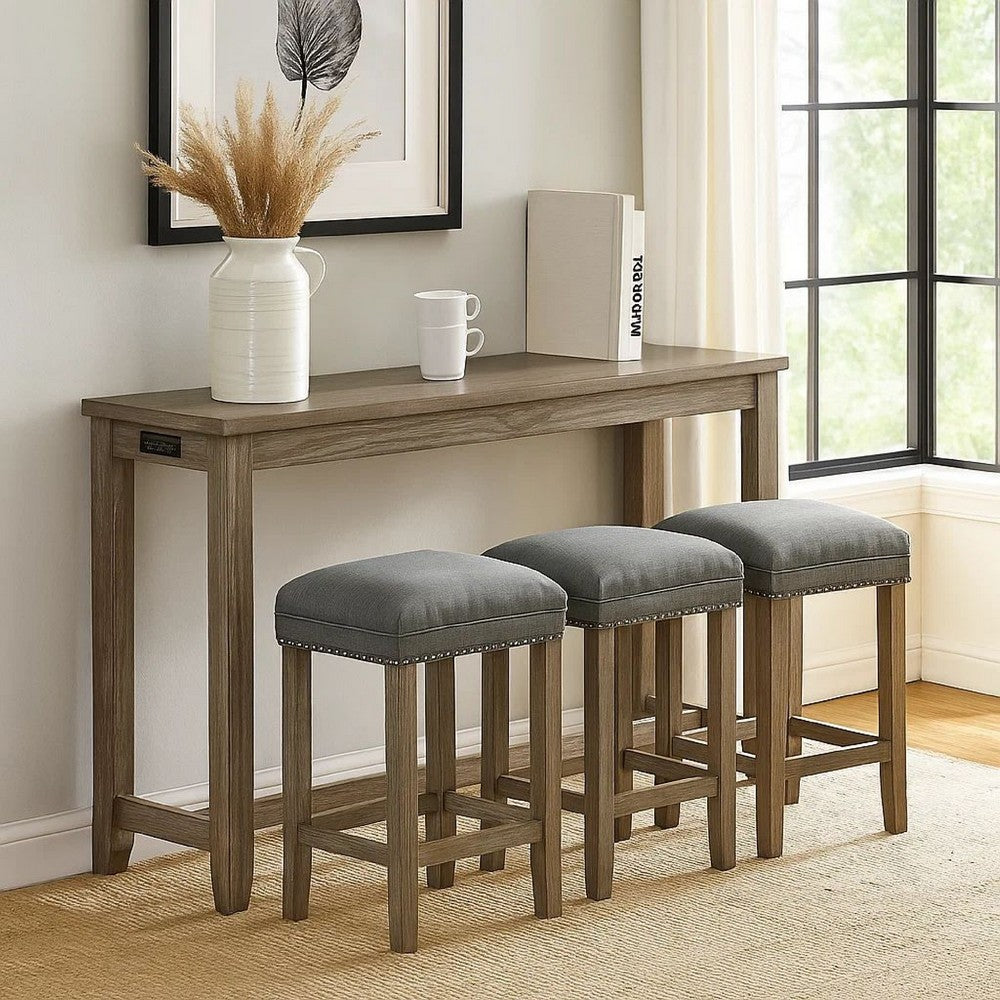 Benjara 4 Piece Wooden Counter Height Table With Fabric Padded Stool, Brown