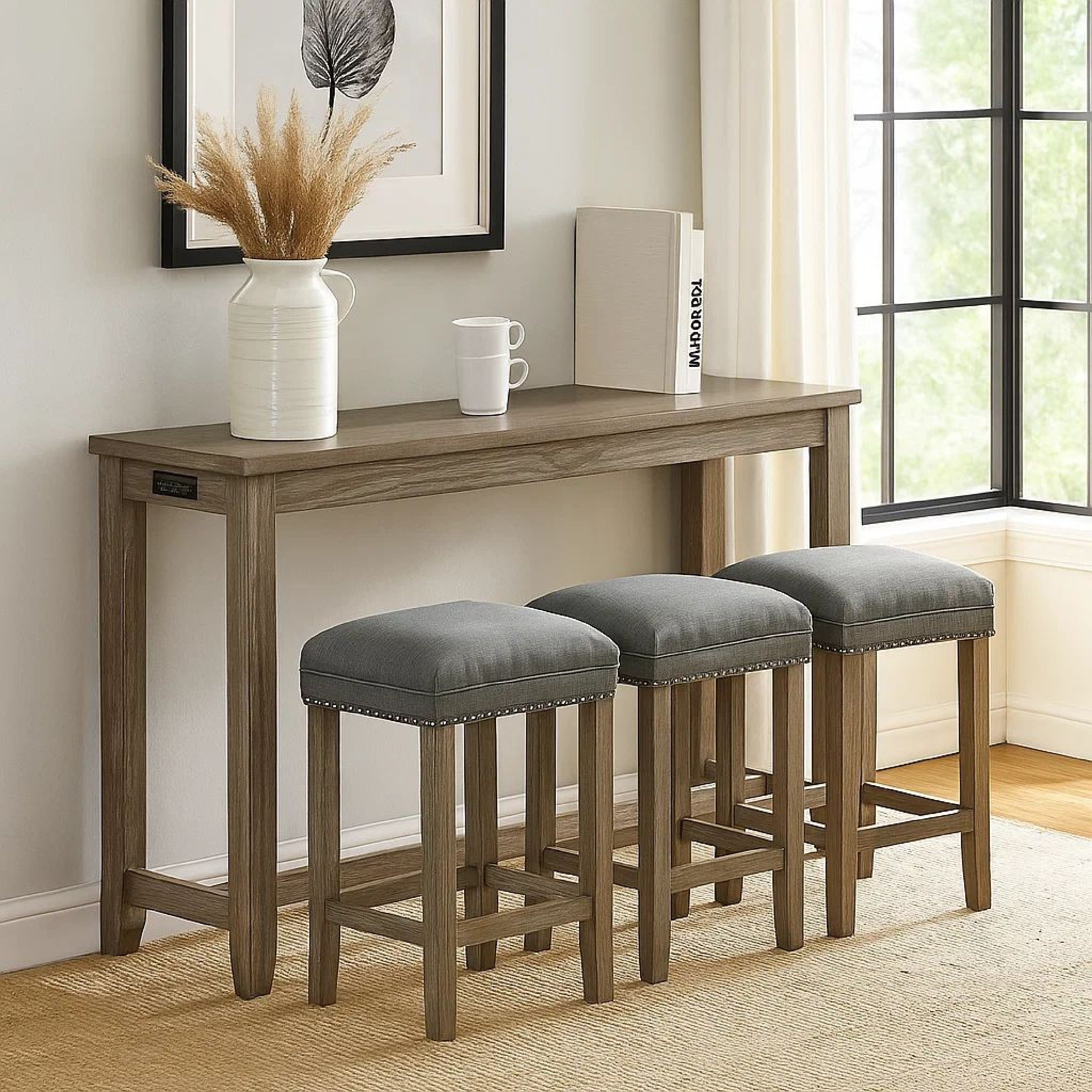 Benjara 4 Piece Wooden Counter Height Table With Fabric Padded Stool, Brown