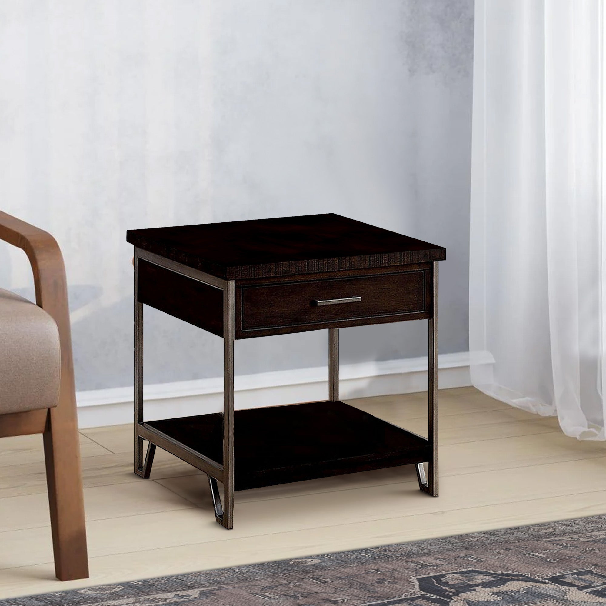Benjara 1 Drawer Wooden End Table With Metal Frame, Brown