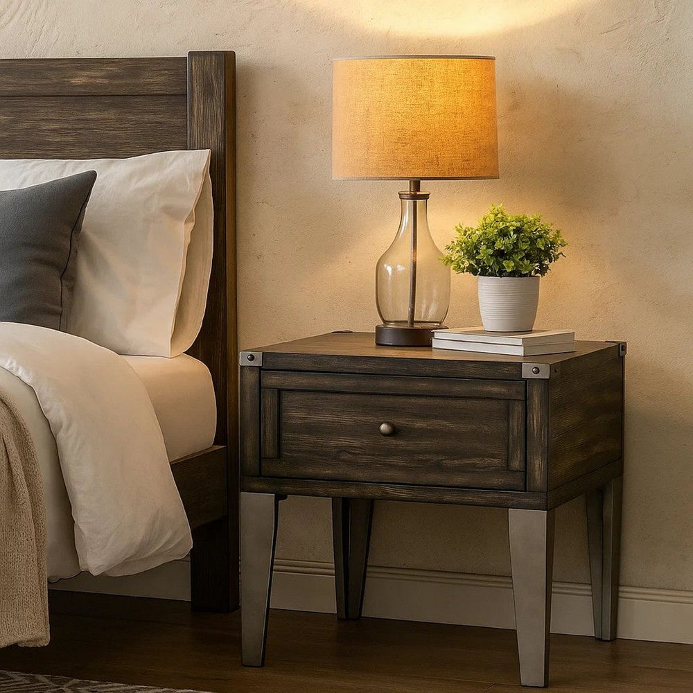 Benjara 1 Drawer Wooden End Table With Metal Angled Legs, Brown