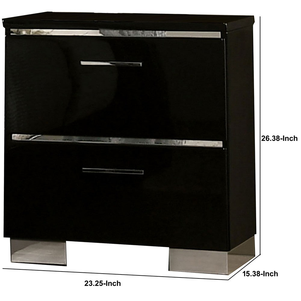 Benjara Two Drawer Nightstand With Usb Charger And Bar Handle Pulls, Black