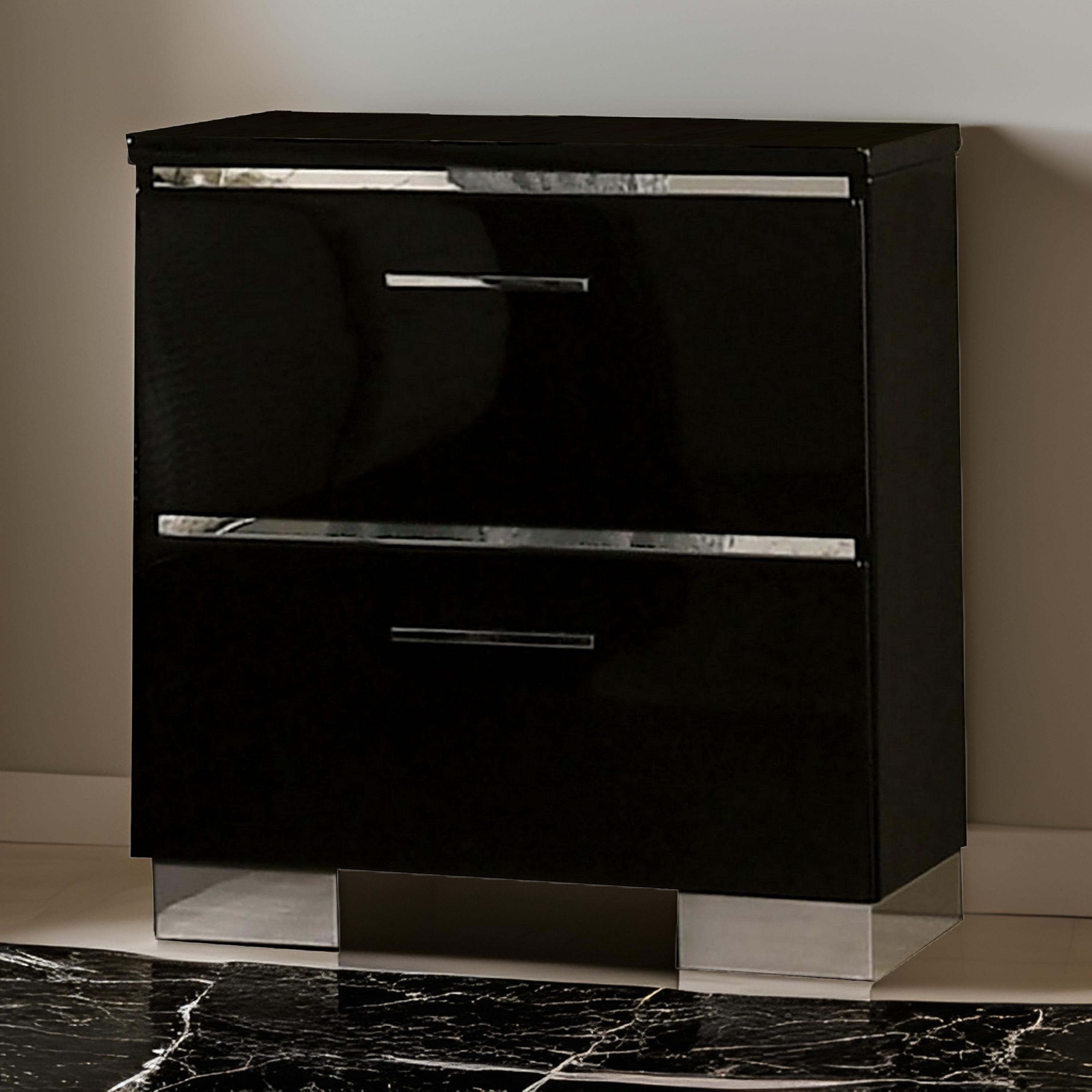 Benjara Cari Two Drawer Nightstand with USB Charger, Chrome, Black