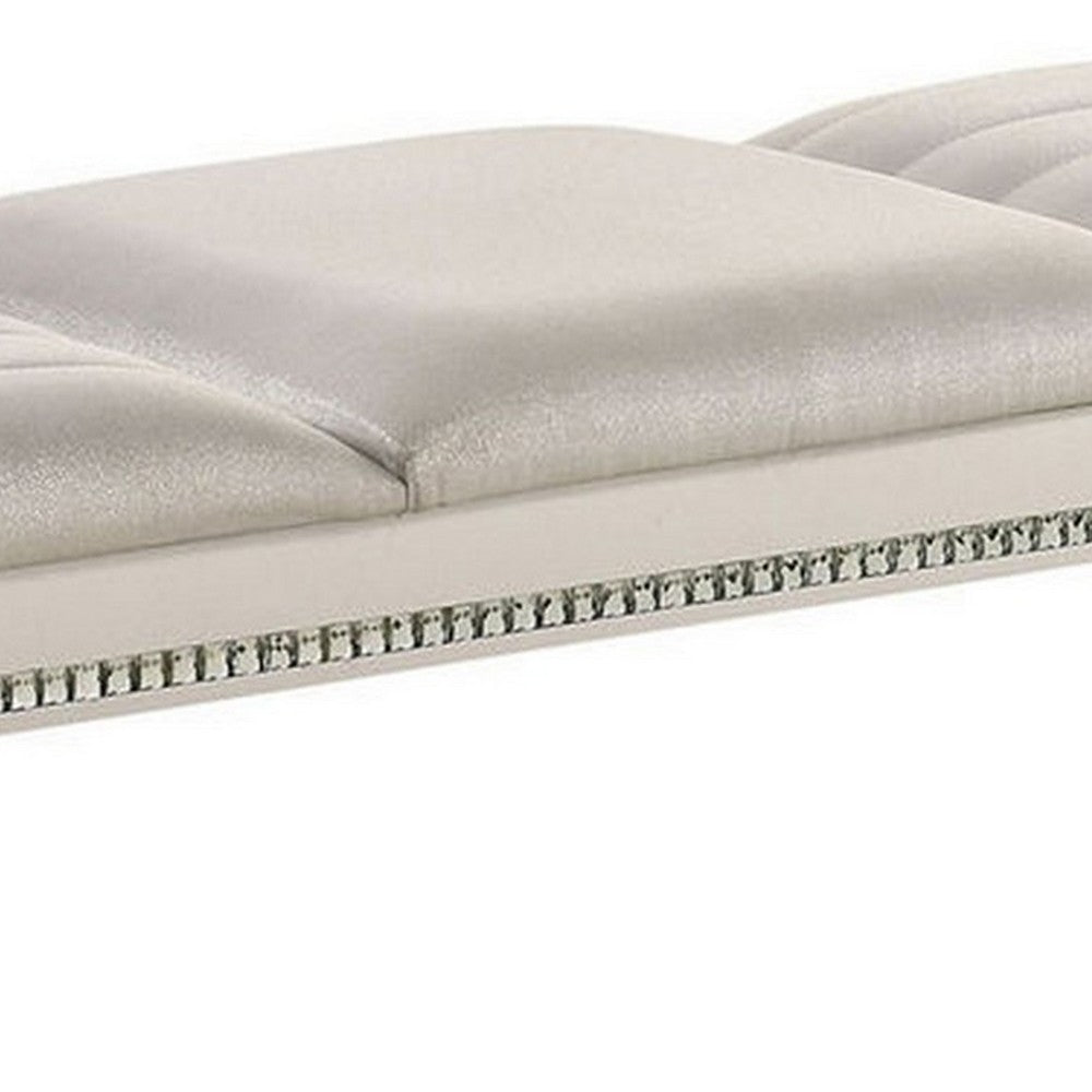 Benjara Tufted Leatherette Seater Wooden Bench With Mirror Accents, White