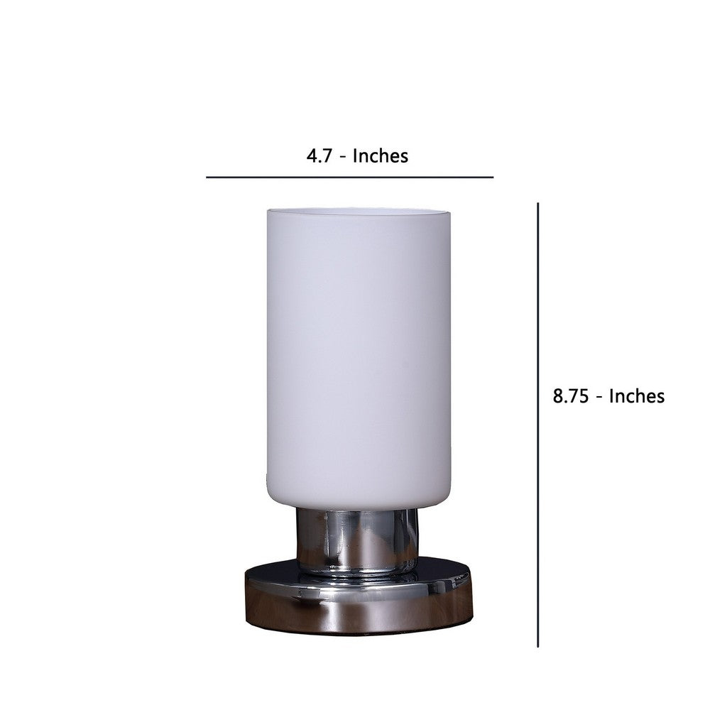 Benjara Cylindrical Glass Shade Table Lamp With Touch Switch, White