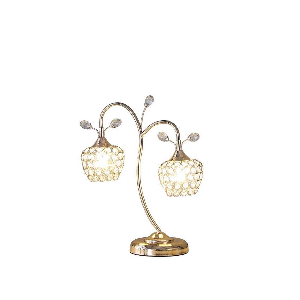Benjara Floral Tree Design Metal Table Lamp With Dome Shade And Crystals, Gold