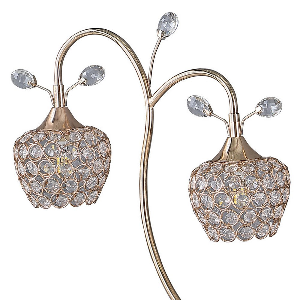 Benjara Floral Tree Design Metal Table Lamp With Dome Shade And Crystals, Gold