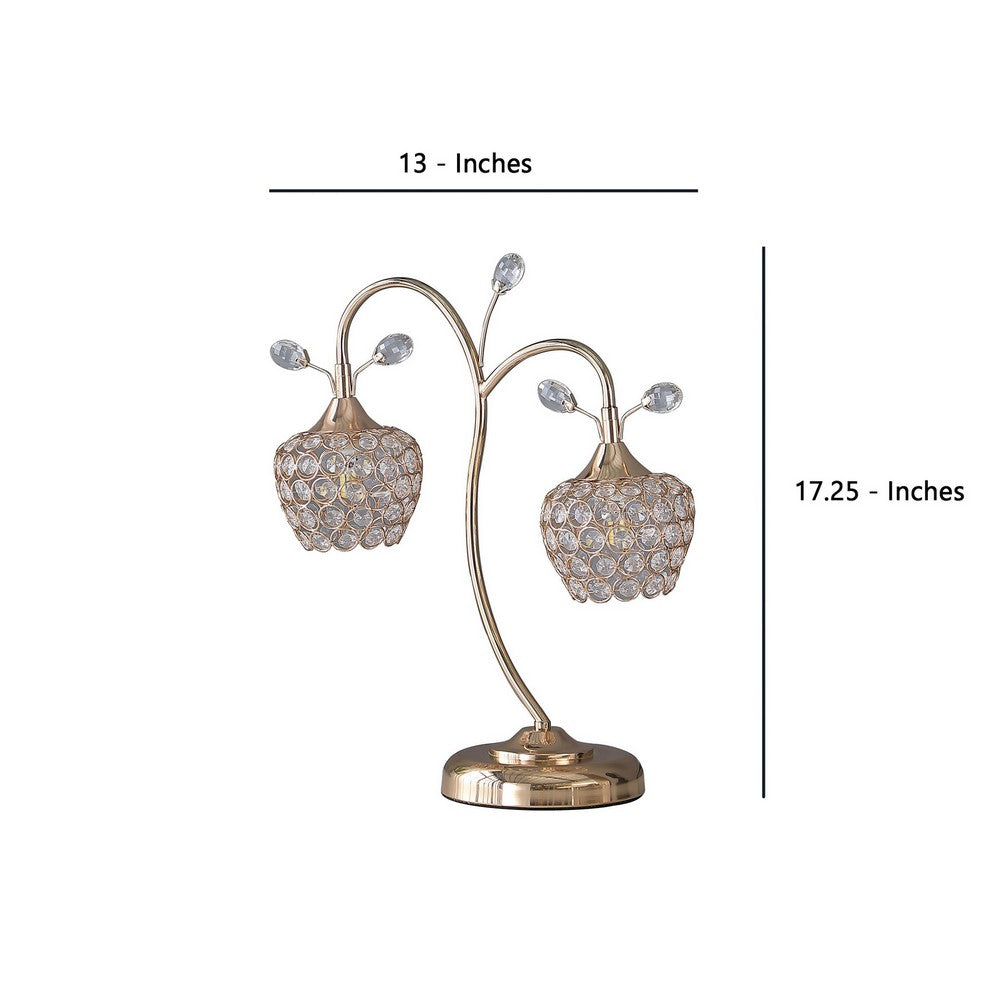 Benjara Floral Tree Design Metal Table Lamp With Dome Shade And Crystals, Gold