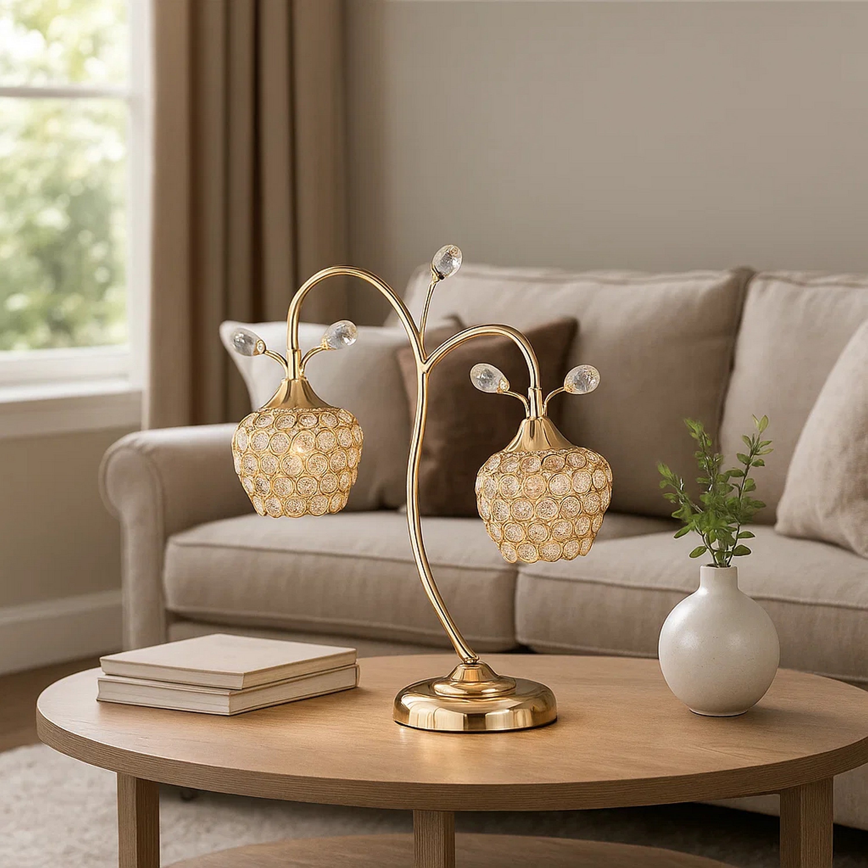 Benjara Floral Tree Design Metal Table Lamp With Dome Shade And Crystals, Gold