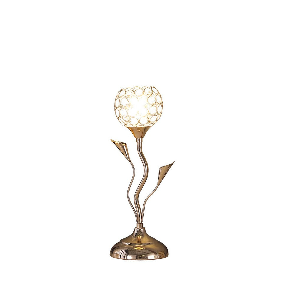 Benjara Metal Table Lamp With Floral Shade And Acrylic Crystals, Gold