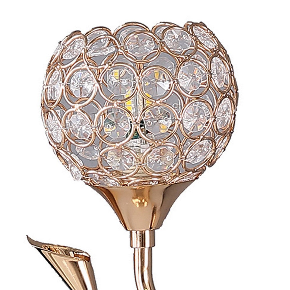 Benjara Metal Table Lamp With Floral Shade And Acrylic Crystals, Gold