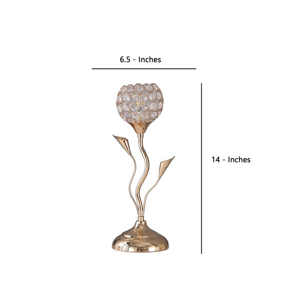 Benjara Metal Table Lamp With Floral Shade And Acrylic Crystals, Gold
