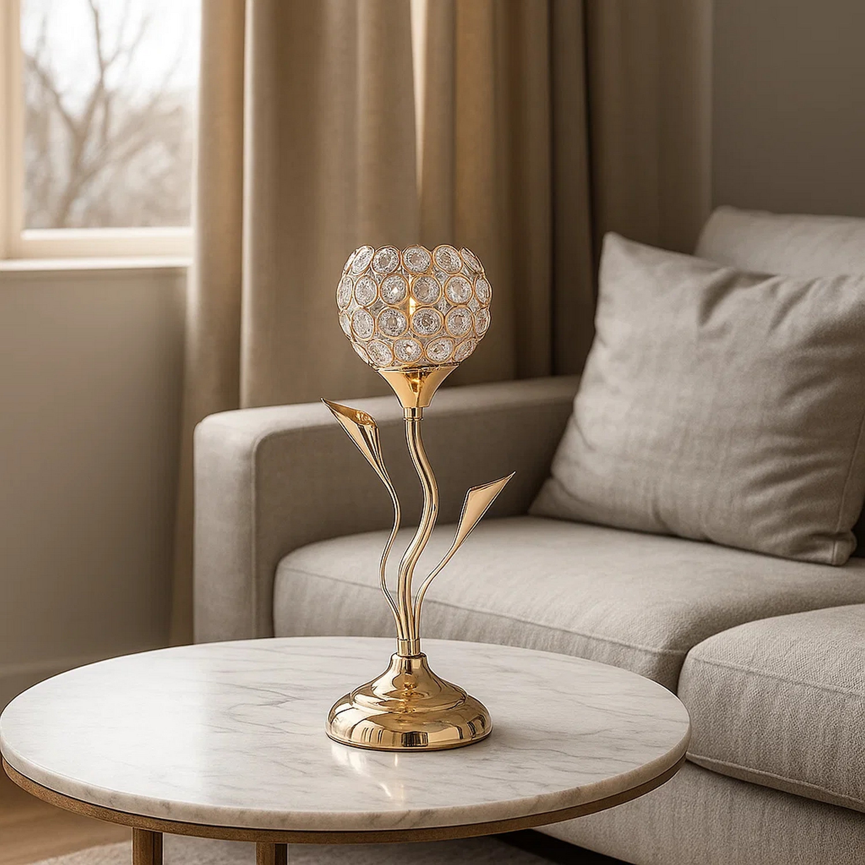 Benjara Metal Table Lamp With Floral Shade And Acrylic Crystals, Gold