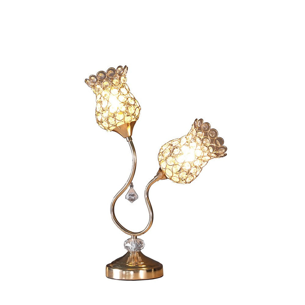 Benjara Metal Table Lamp With Floral Trumpet Shade And Crystal Accents, Gold
