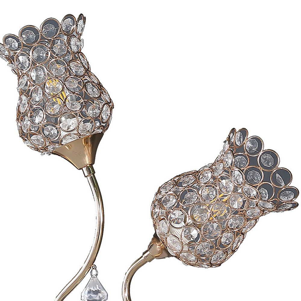 Benjara Metal Table Lamp With Floral Trumpet Shade And Crystal Accents, Gold