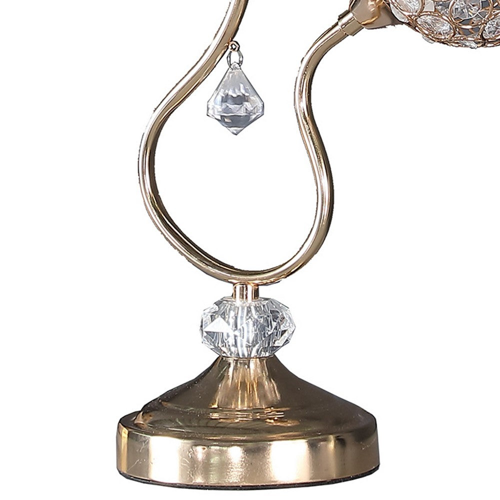 Benjara Metal Table Lamp With Floral Trumpet Shade And Crystal Accents, Gold