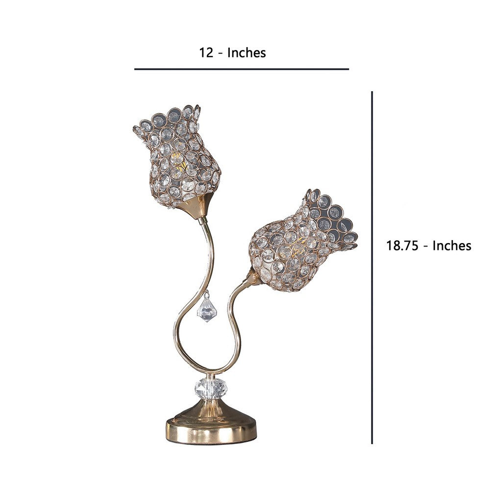Benjara Metal Table Lamp With Floral Trumpet Shade And Crystal Accents, Gold