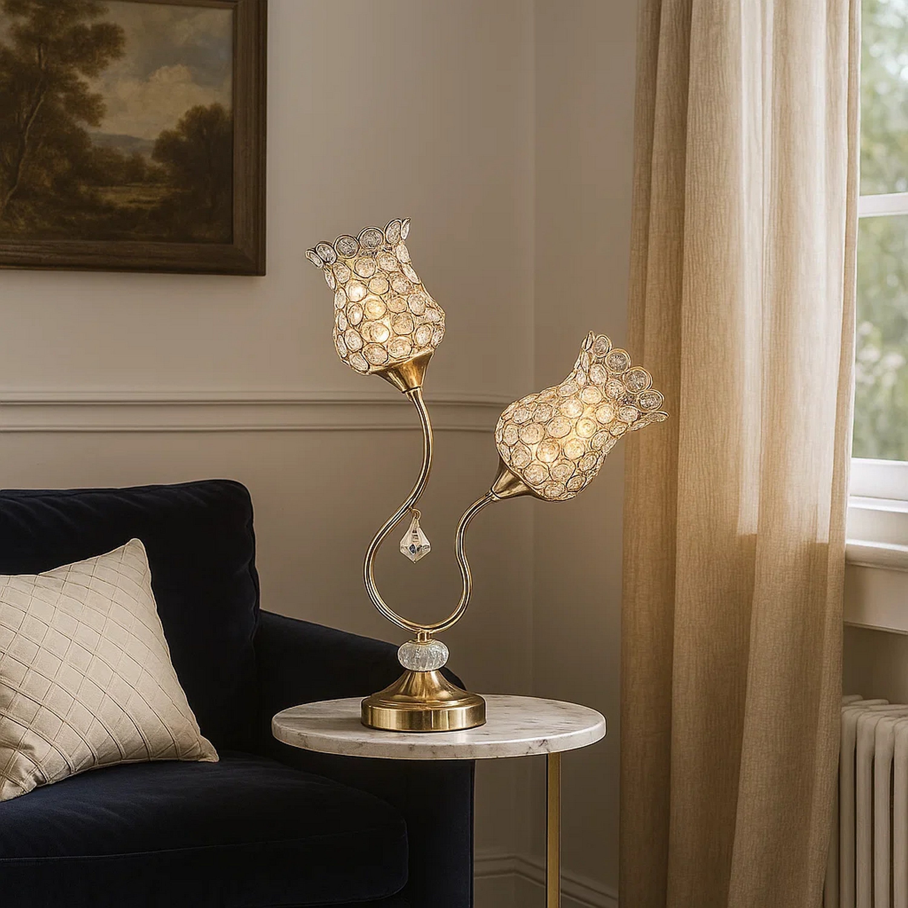 Benjara Metal Table Lamp With Floral Trumpet Shade And Crystal Accents, Gold