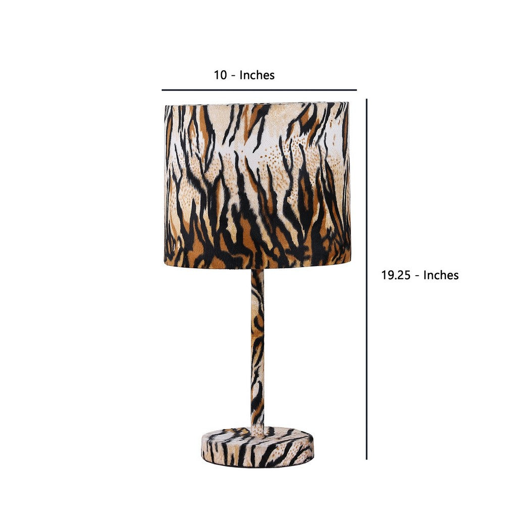 Benjara Fabric Wrapped Table Lamp With Striped Animal Print, Brown And Black