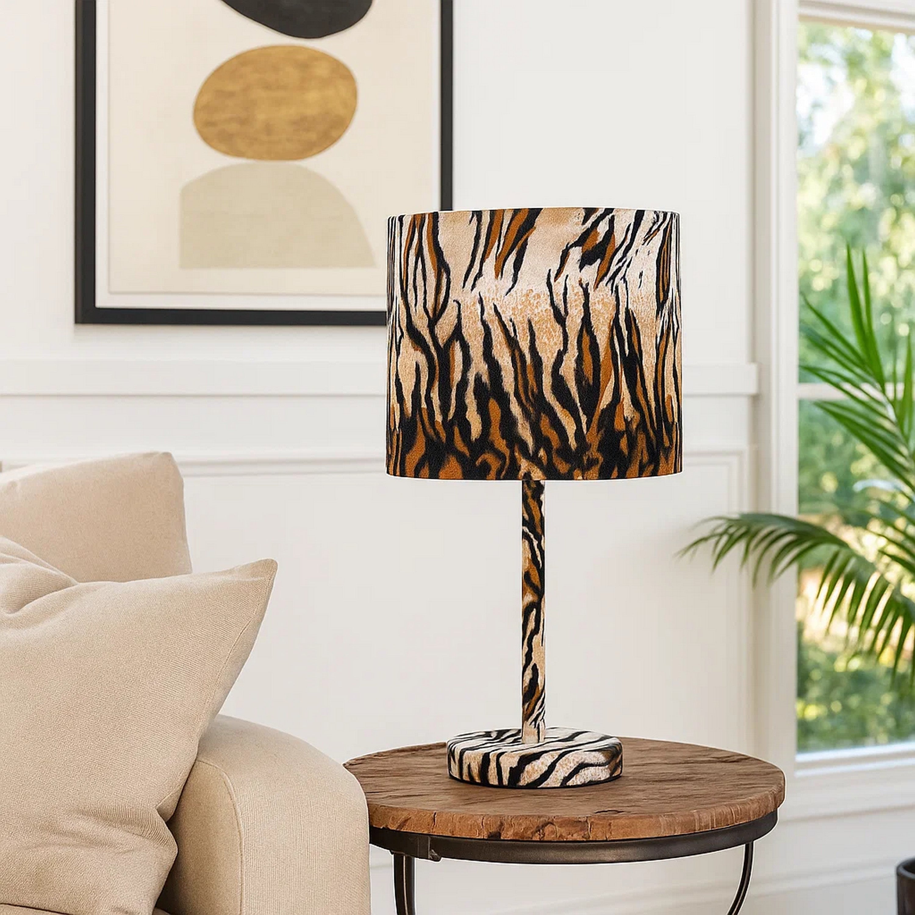Benjara Fabric Wrapped Table Lamp With Striped Animal Print, Brown And Black