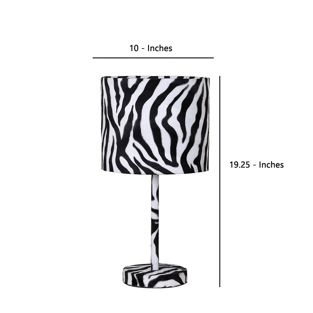 Benjara Fabric Wrapped Table Lamp With Animal Print, White And Black