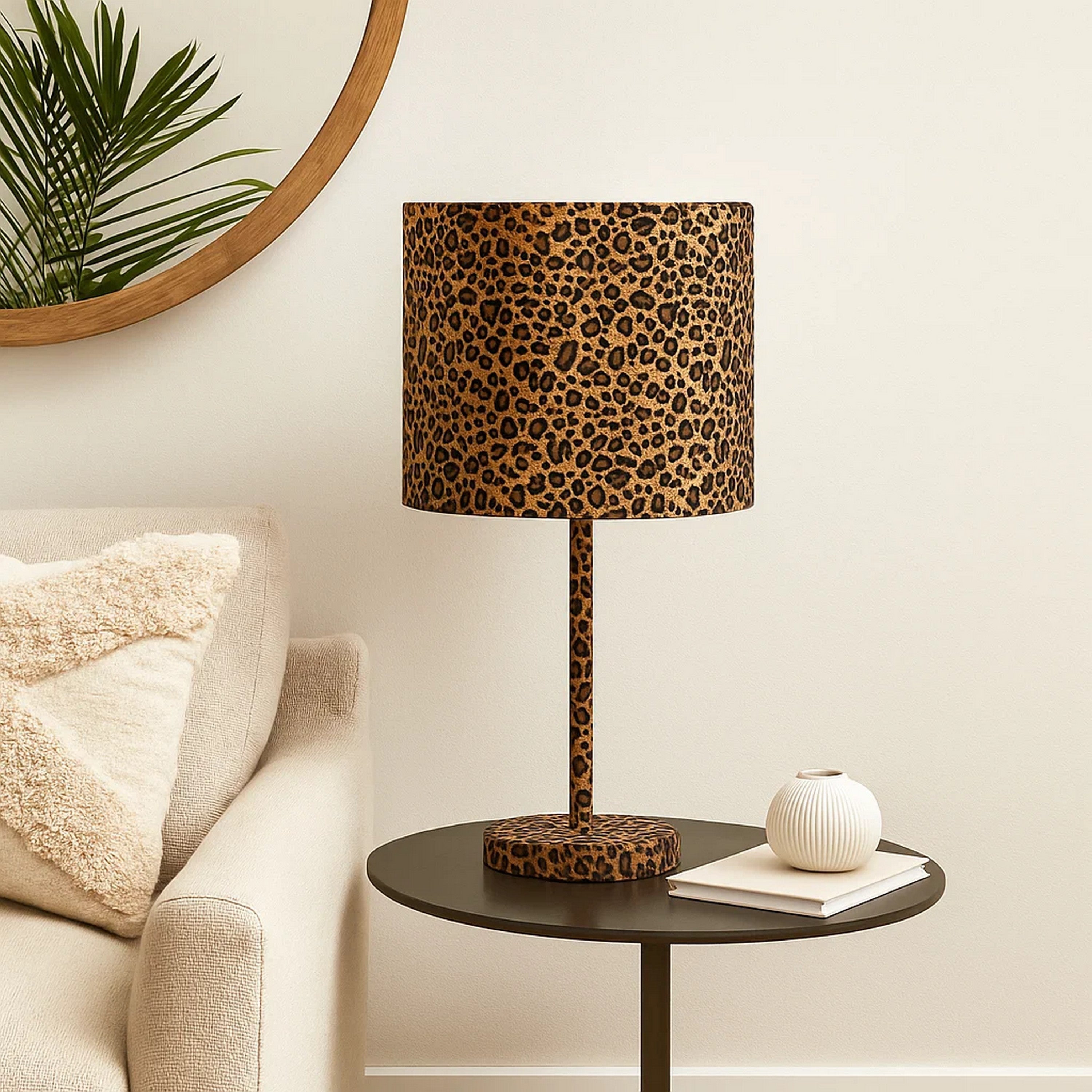 Benjara Fabric Wrapped Table Lamp With Dotted Animal Print, Brown And Black