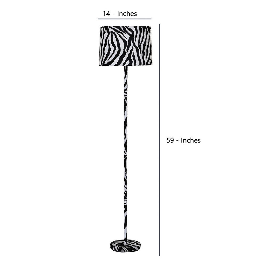 Benjara Fabric Wrapped Floor Lamp With Animal Print, White And Black