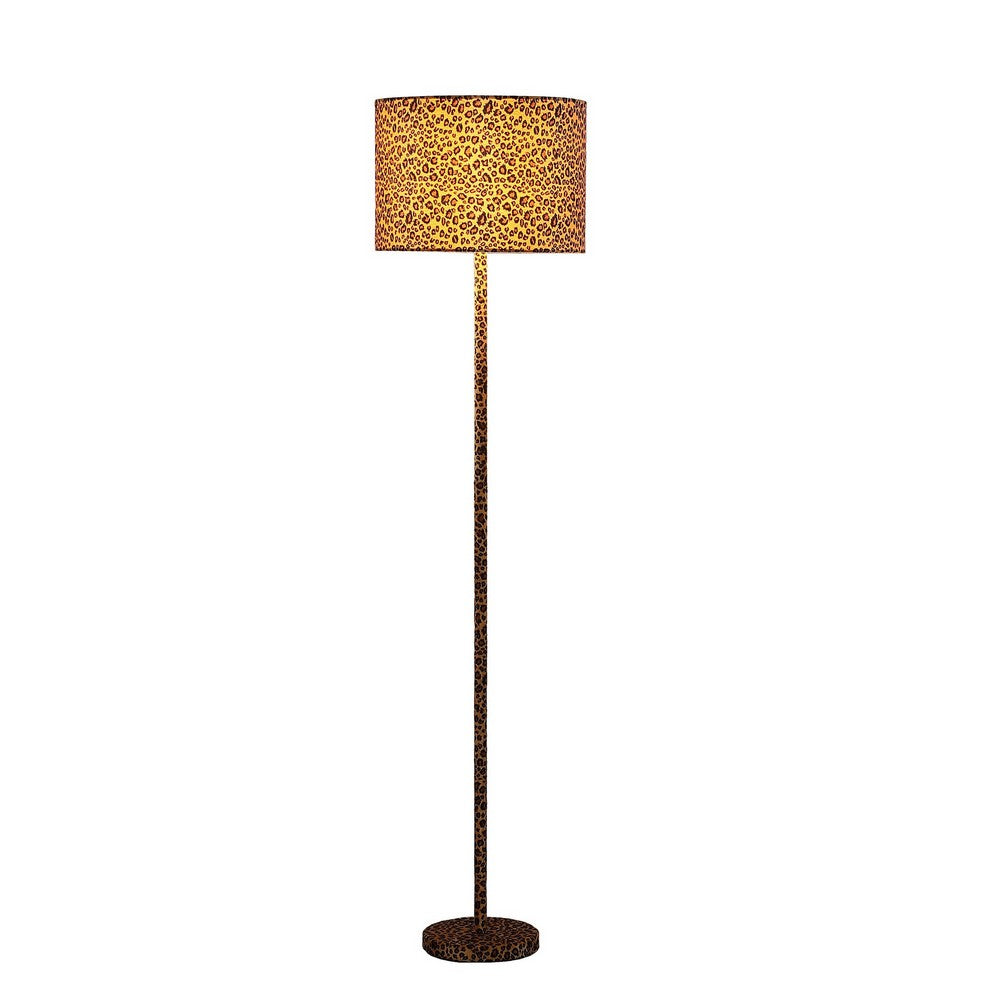 Benjara Fabric Wrapped Floor Lamp With Dotted Animal Print, Brown And Black
