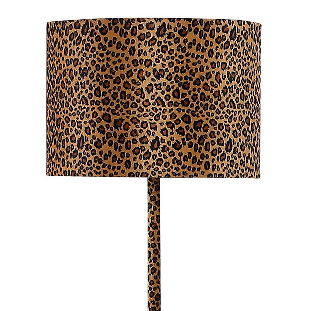 Benjara Fabric Wrapped Floor Lamp With Dotted Animal Print, Brown And Black