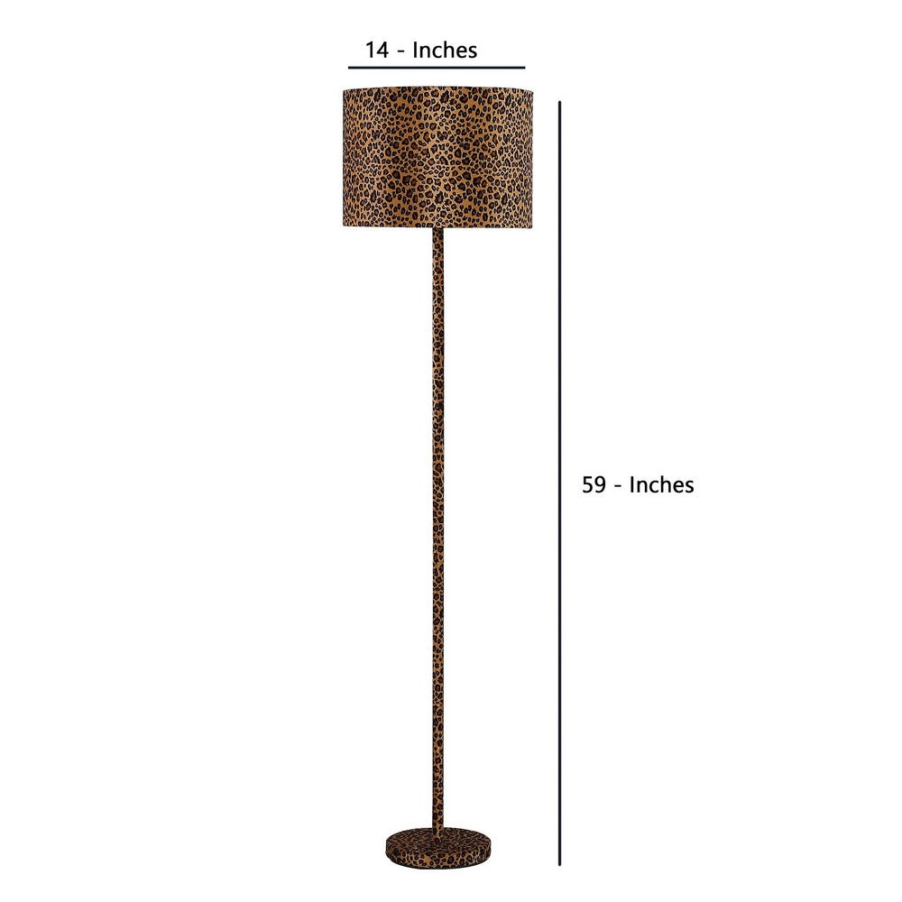 Benjara Fabric Wrapped Floor Lamp With Dotted Animal Print, Brown And Black