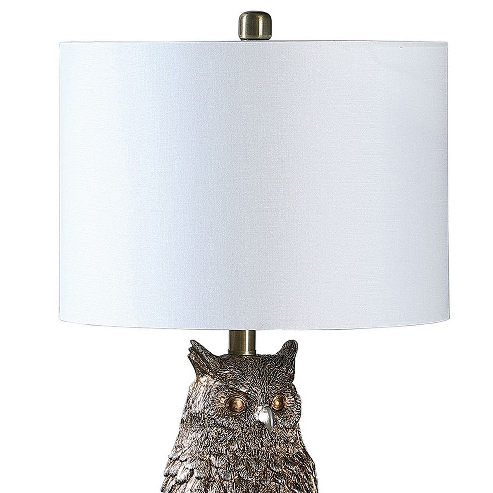 Benjara Polyresin Sitting Owl Design Table Lamp With Round Base, Silver