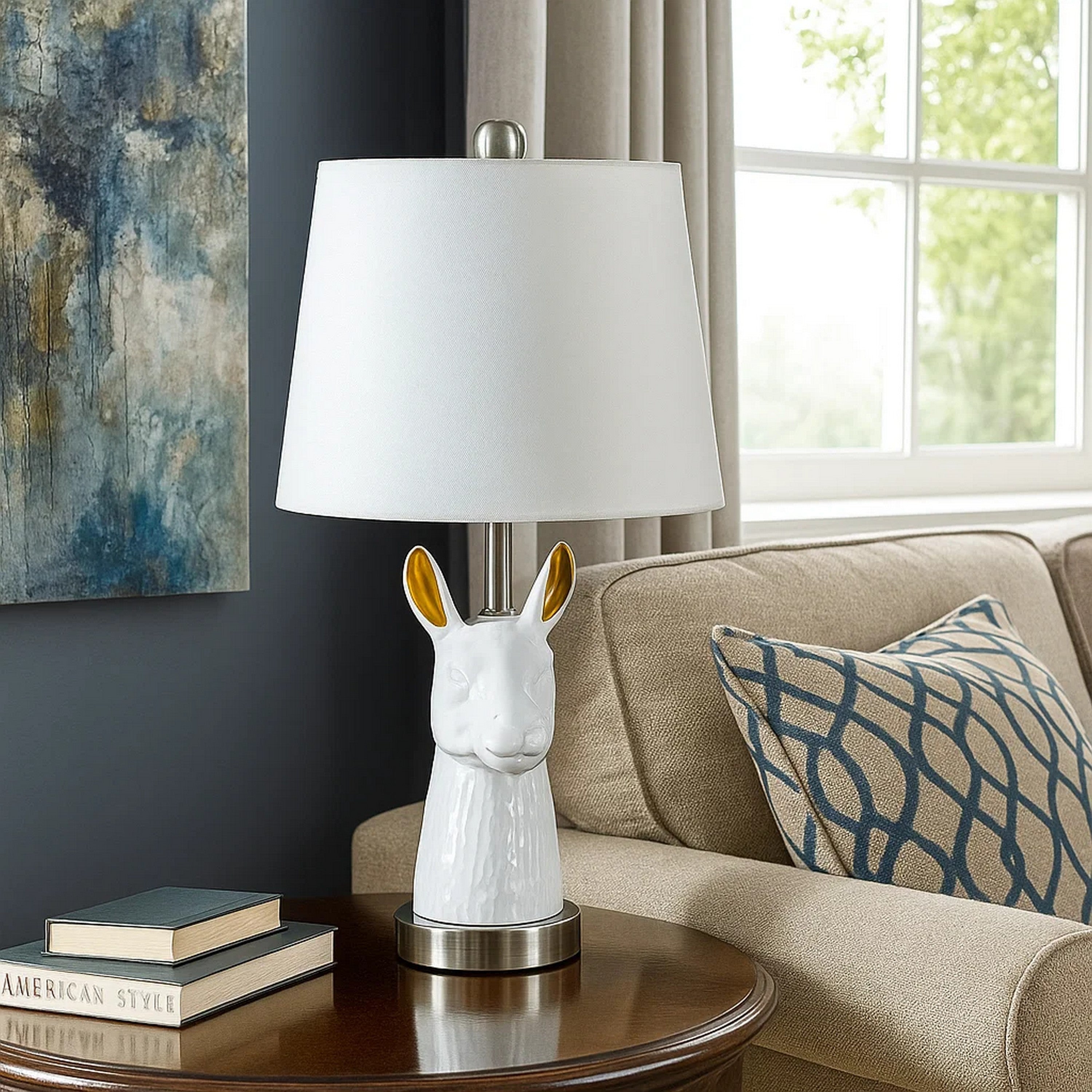 Benjara Metal Table Lamp With Llama Animal Head, White