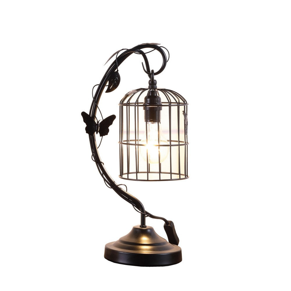 Benjara Arc Design Metal Table Lamp With Birdcage Shade, Black