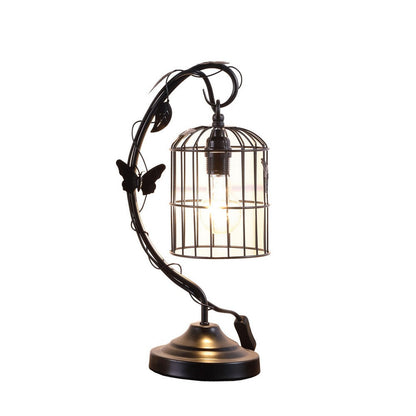 Benjara Arc Design Metal Table Lamp With Birdcage Shade, Black