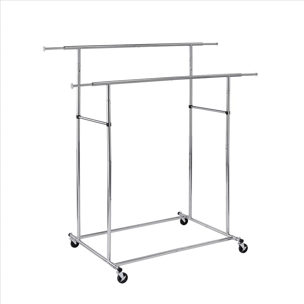 Benjara Dual Bar Tubular Metal Frame Garment Rack With Casters, Chrome