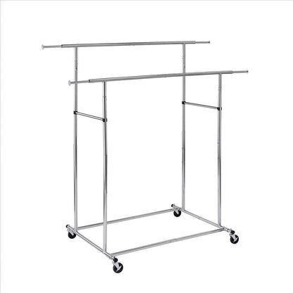 Benjara Dual Bar Tubular Metal Frame Garment Rack With Casters, Chrome