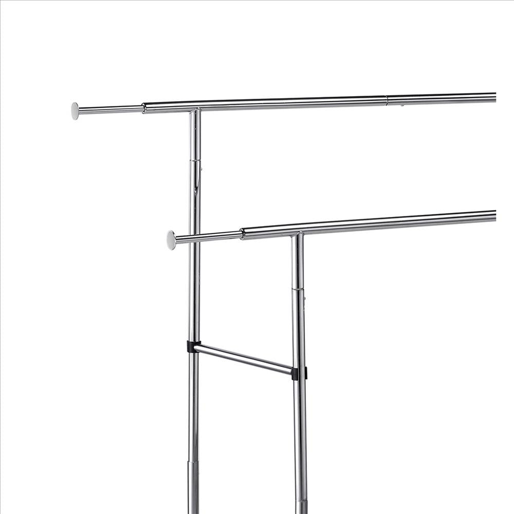 Benjara Dual Bar Tubular Metal Frame Garment Rack With Casters, Chrome