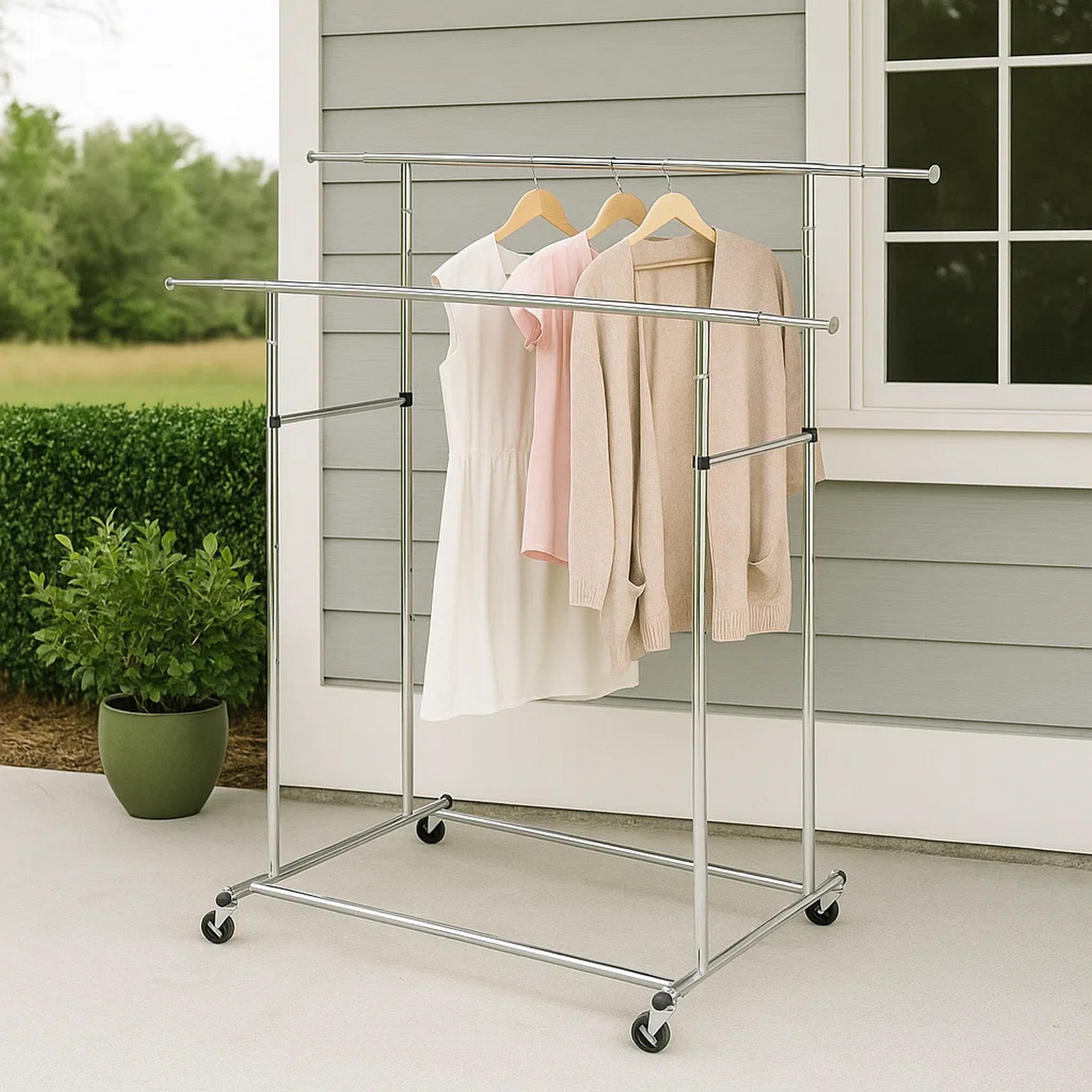 Benjara Dual Bar Tubular Metal Frame Garment Rack With Casters, Chrome