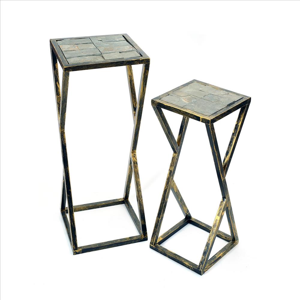 Benjara Stone Top Plant Stand With Geometric Base, Set Of 2, Black And Gray