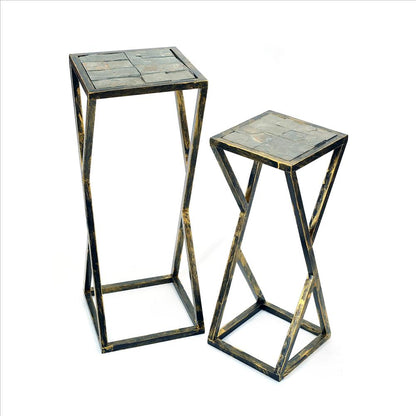 Benjara Stone Top Plant Stand With Geometric Base, Set Of 2, Black And Gray