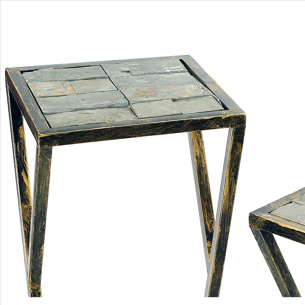 Benjara Stone Top Plant Stand With Geometric Base, Set Of 2, Black And Gray